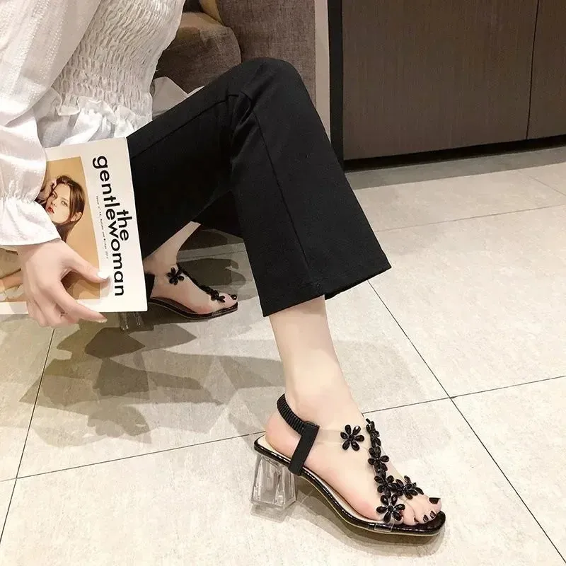 Women Sandals Summer Pvc Crystal Flower Chunky Heel Elegant Shoes