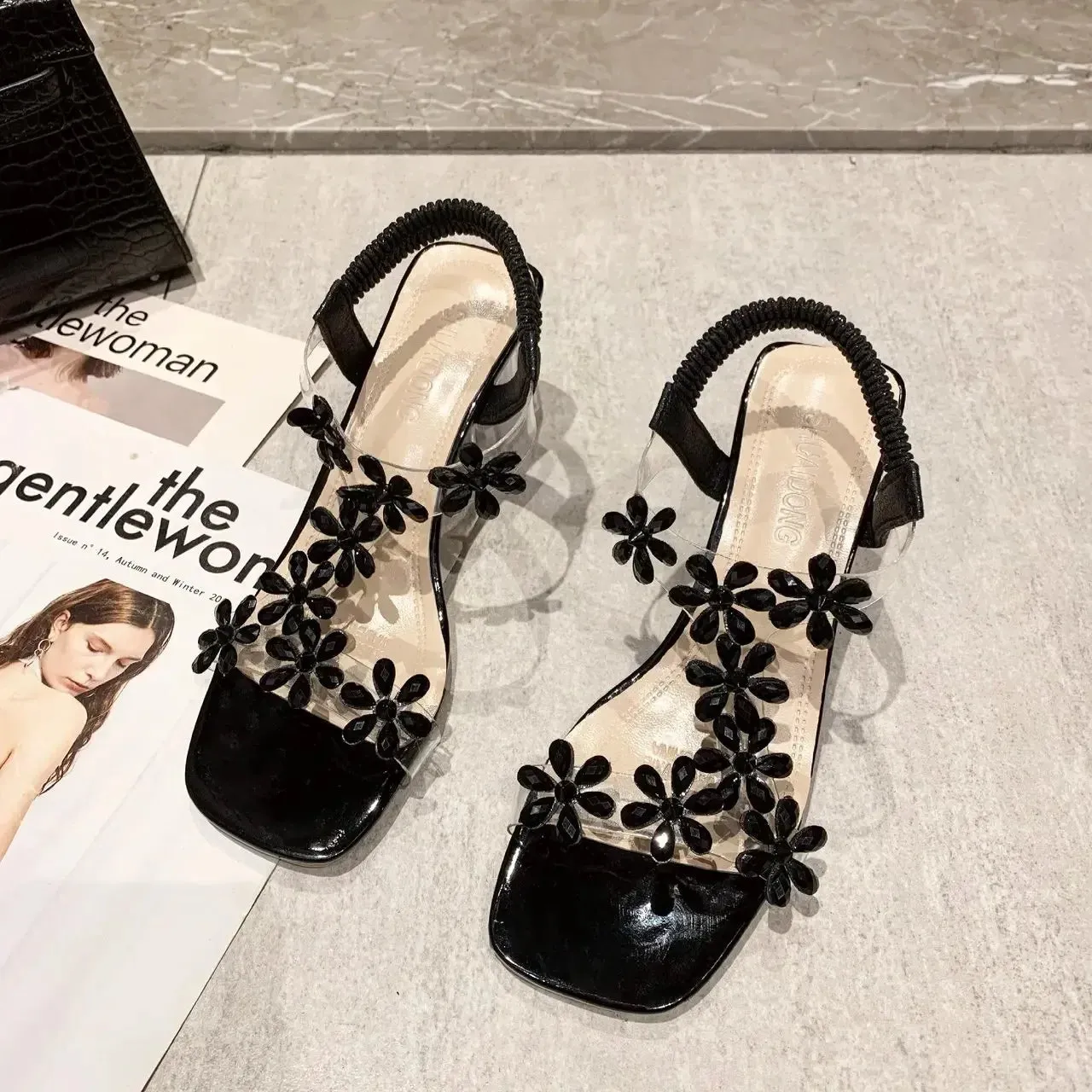 Women Sandals Summer Pvc Crystal Flower Chunky Heel Elegant Shoes